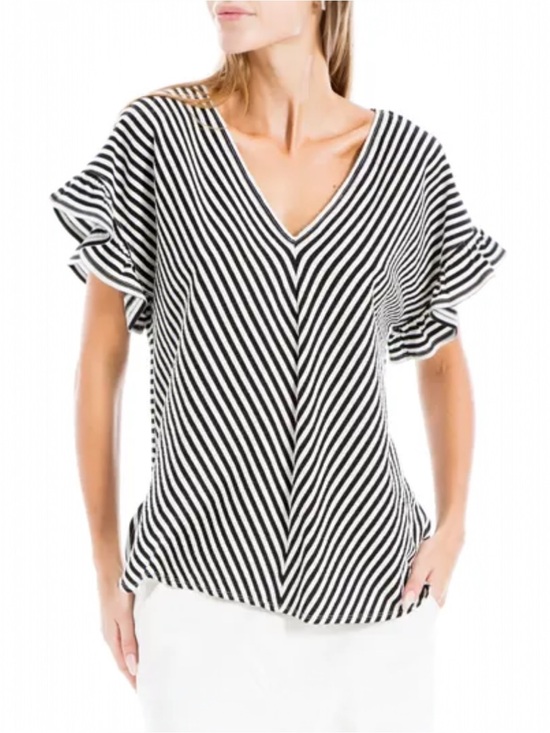 Max Studio Tops - Max Studio XL Navy Ivory Stripe Flutter Sleeve V-Neck Top NWT